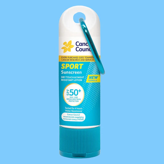 Sport Sunscreen with SPF 50 plus, with a clip. From the Cancer Council.